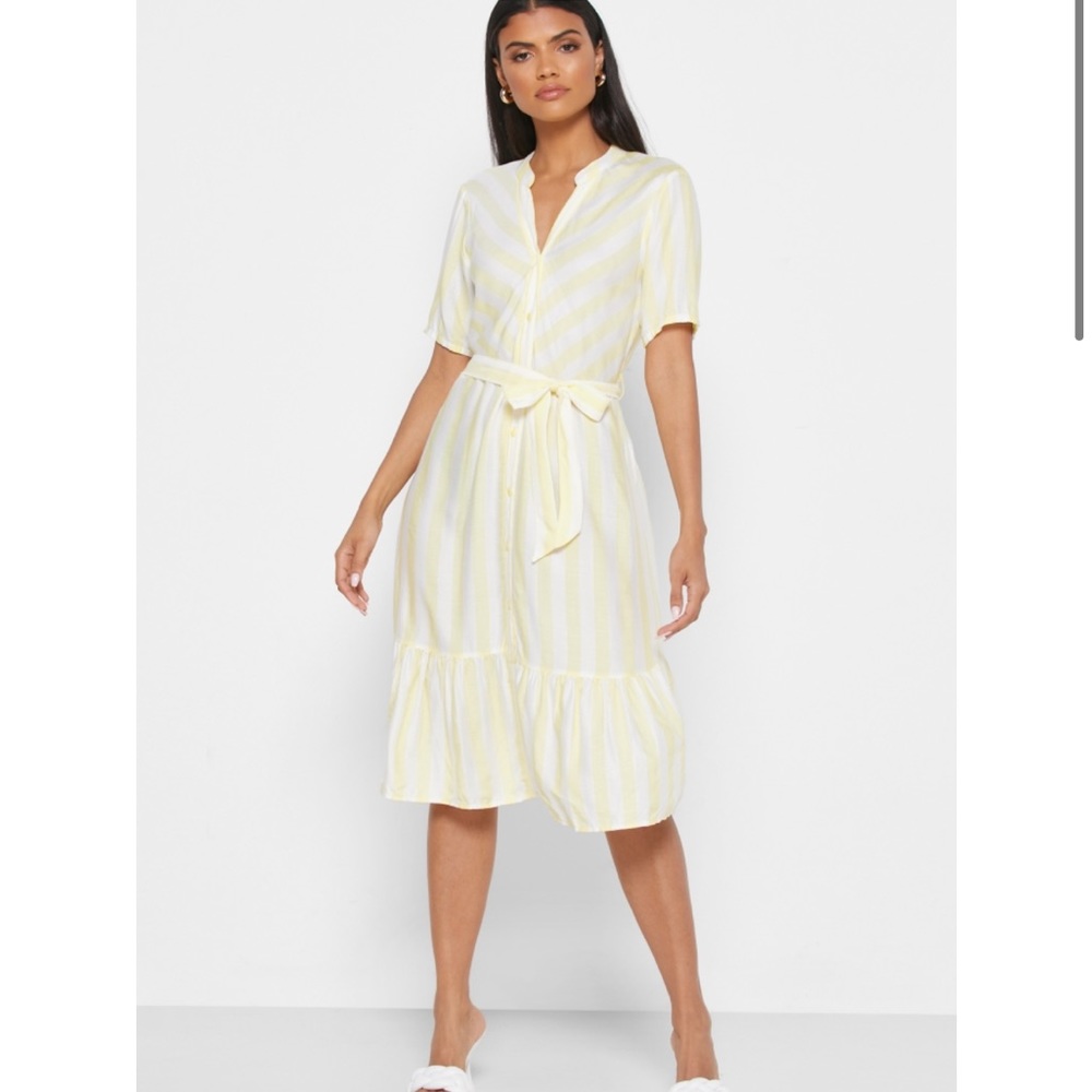 ASOS JDY Tie Waist Striped Shirt Midi Dress Ruffle Hem Yellow NWT
